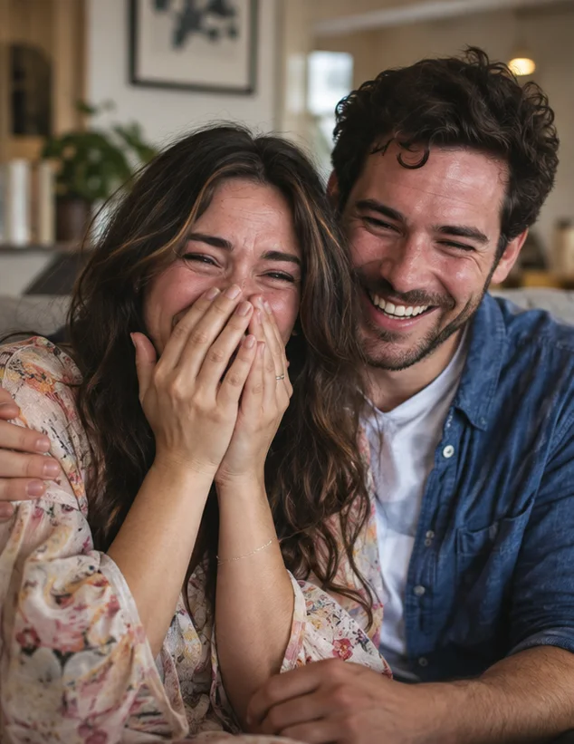 A couple laughing and tearing up together