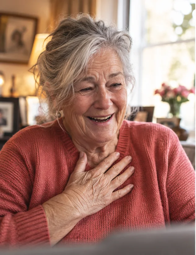 A grandmother reacting joyfully from home